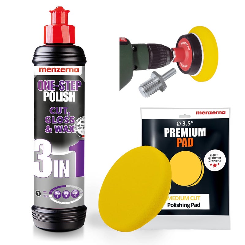 menzerna 3in1 Polishing Set – One-Step Polish (8oz) + Drill Machine Adapter + Medium Cut Pad | Polish Your Car with a Cordless Drill - Image 1
